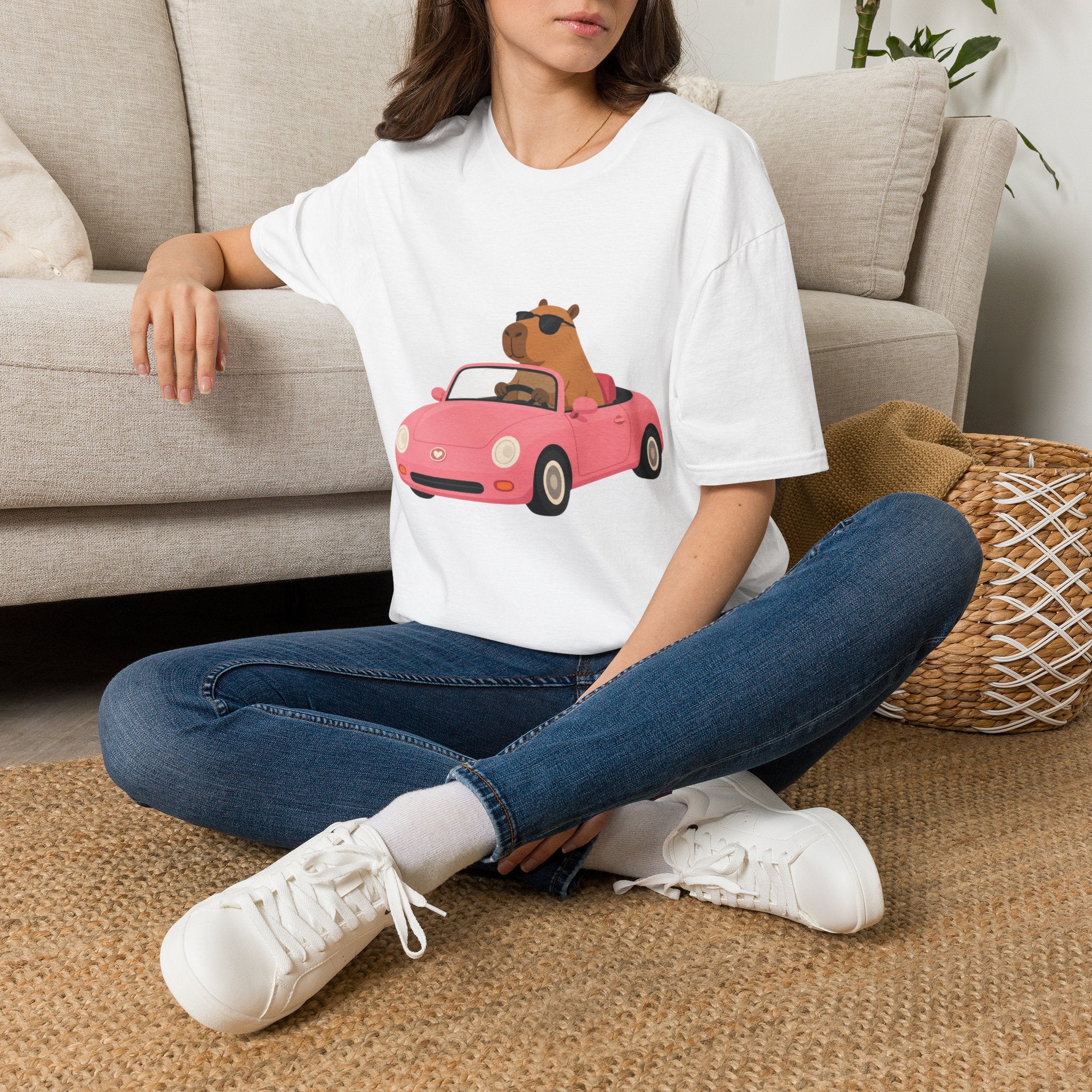 Bear Driving Pink Convertible T‑Shirt — Cute Sunglasses Car Graphic Tee