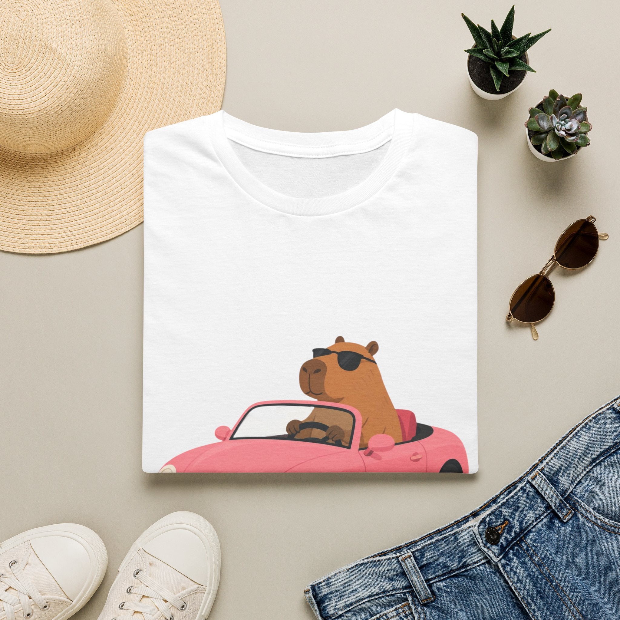 Bear Driving Pink Convertible T‑Shirt — Cute Sunglasses Car Graphic Tee